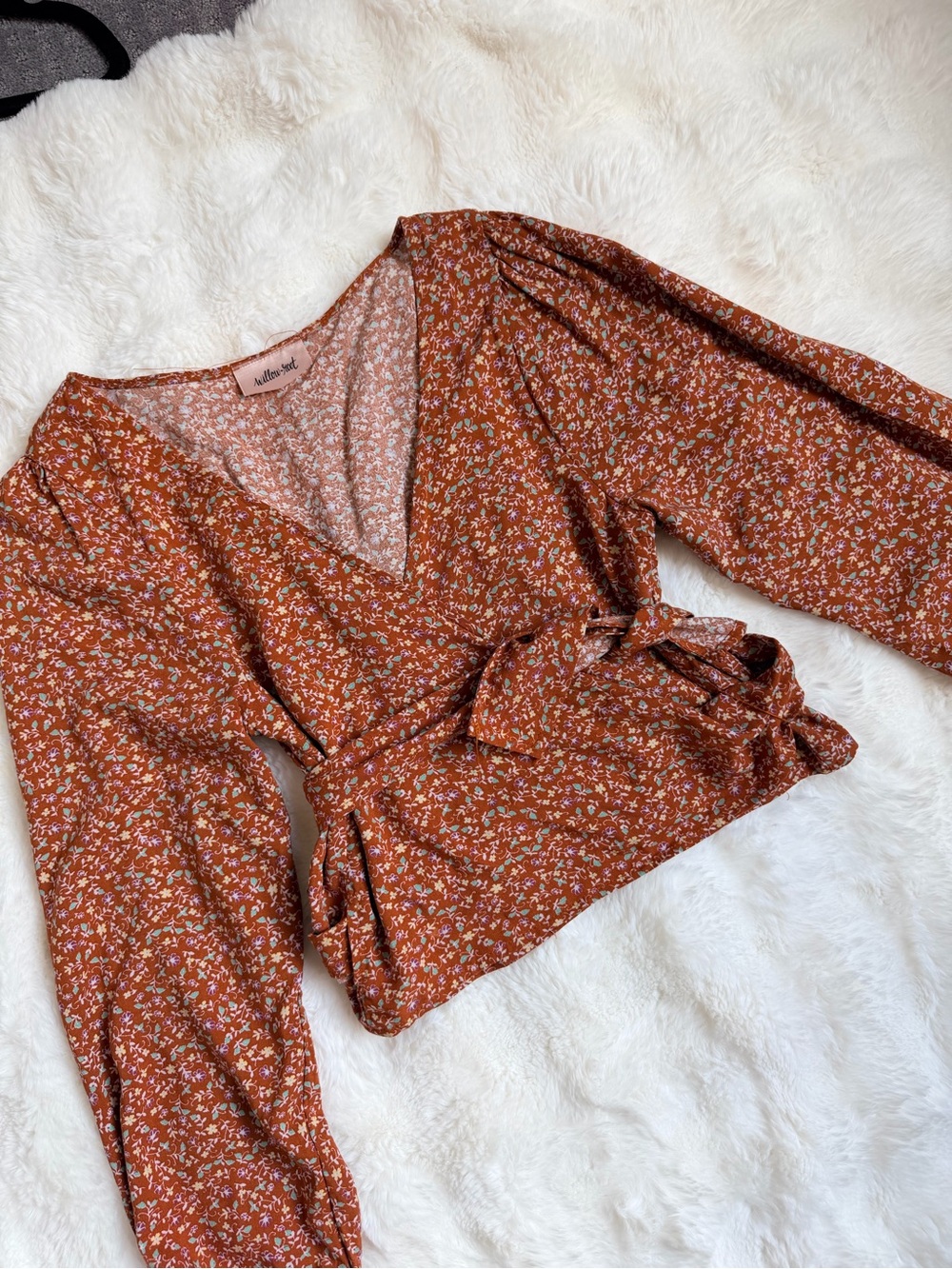 Willow & Root Rust Floral Wrap Blouse with Tie Waist